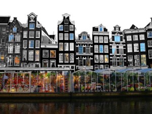 Bloemenmarkt mercato fiori galleggiante vista canale Amsterdam